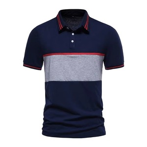 เสื้อโปโลแขนสั้นผู้ชาย คอตตอนถัก สีตัดต่อ สวมใส่สบาย ระบายอากาศได้ดี ทรงปกติ สีกรมท่า เทา แดง - Product Image 1