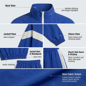 Ensemble de shorts sportifs 2 pièces pour femmes, bleu et blanc, à blocs de couleur, avec col à capuche et manches longues, coupe classique, style urbain, pour l'hiver - Product Image 5