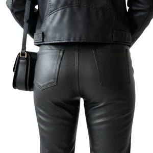 Pantalon en cuir anti-rides pour femme, sur mesure, taille haute, coupe droite, fermeture éclair, style décontracté, couleur noire - Product Image 6