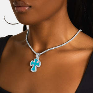 Iced Out Turquoise <b>Cross</b> Pendant | White Gold <b>Cross</b> <b>Necklace</b> Charm | Hip Hop Luxury Religious Pendant for <b>Men</b> & Women - Product Image 3