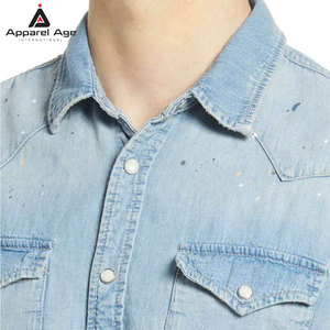 เสื้อเชิ้ตยีนส์ผู้ชายคุณภาพพรีเมียม ทรงหลวม พิมพ์ลาย ผ้าฝ้าย 100% สีตัดกัน วัสดุที่ดีที่สุด เสื้อเชิ้ตผู้ชายขายส่ง - Product Image 5