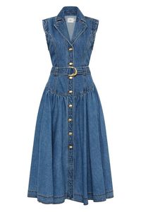 Robe en jean bleu sans manches, plissée à plusieurs niveaux, longueur midi, boutonnée sur le devant, style dos nu, pour les occasions décontractées et les soirées - Product Image 3