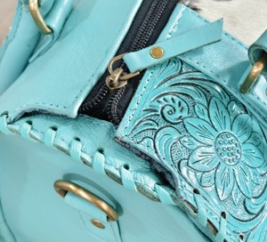 Turquoise 100% Genuine <b>Leather</b> Speedy Duffle Handbag With Cowhide Panel Floral <b>Tooling</b> And Tassel Fringes Sky Blue & White Color - Product Image 6