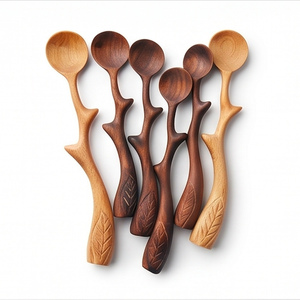 Ensemble de cuillères en bois avec manches sculptés en forme de feuille, design Wabi Sabi écologique, pour le camping, la salle à manger et l'hôtellerie - Product Image 1