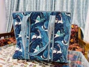 Blue Tropical Leaf Print Quilted Cotton <b>Boho</b> Style Drawstring Closure Large Tote <b>Bag</b> Women Handmade Reusable Shopping Shoulder - Product Image 4
