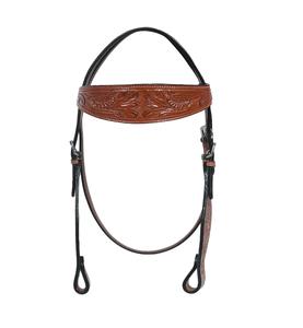 Conjunto de cabezada, pechopetral y riendas de cuero marrón estilo western con diseño floral tallado a mano, herrajes de acero inoxidable, fabricante indio, marca LLT - Product Image 1