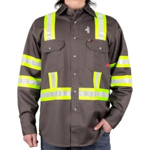 เสื้อเชิ้ตช่างเชื่อมทนไฟ แขนยาว ป้องกันไฟไหม้ สีเทา ลายแถบเหลือง - Product Image 1