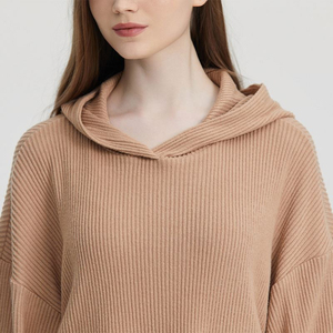 Survêtement beige à capuche pour femme, couleur unie, manches longues, décontracté, respirant, avec cordon de serrage, coupe ample, 100 % coton, idéal pour l'automne - Product Image 3