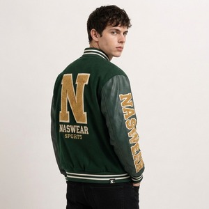 Wholesale Premium Quality Men's Green Varsity <b>Jacket</b> PU <b>Leather</b> Sleeves Chenille Patches Preppy Style Men Varsity <b>Jacket</b> - Product Image 2
