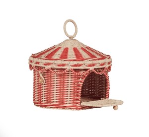 Cesta de Mimbre Tejida a Mano con Diseño de Rayas Rojas y Naturales y Tapa con Bisagras para la Habitación de los Niños y Decoración de la Guardería - Product Image 1