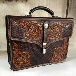 Handmade Western Leather Hand <b>Bag</b> with Decorative Floral Carving Spacious Multi Pockets and Durable Business Office Design - Product Image 2