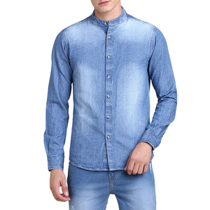 Chemise en jean pour homme, manches longues, couleur unie, col mandarin, coupe ajustée décontractée, coton délavé, respirante, toutes saisons - Product Image 1