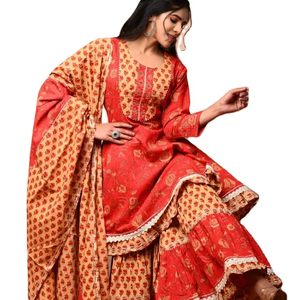 Robe Anarkali Kurta / Kurti Garara pour femme, en coton pakistanais, anti-humidité, protection solaire, longueur genou, pour mariage et fête - Product Image 1
