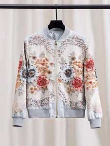Veste universitaire brodée florale pour femmes et hommes, décontractée, col montant, fermeture éclair sur le devant, coupe régulière, en polyester, pour l'automne - Product Image 1