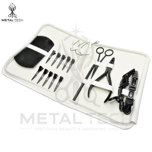 Kit d'outils pour extensions capillaires en acier inoxydable, avec étui de voyage blanc, comprenant des pinces de salon petites et grandes, des anneaux de séparation, des aiguilles en C et des pinces. - Product Image 2