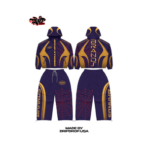 Purple Gold Brand Studios Spider Web Tracksuit Set | Oversized <b>Zip</b> Hoodie & Jogger Pants | Streetwear Matching Set OEM - Product Image 1