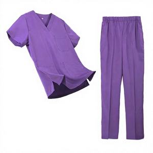 Unisex V-Neck Scrub Set Purple Short Sleeve <b>Top</b> Pockets Elastic Waist Pants Hospital Uniforms Cotton Polyester Woven GLOWING - Product Image 1