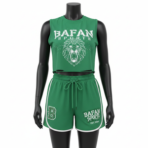 Conjunto de Camiseta sin Mangas y Pantalones Cortos para Mujer, 100% Algodón, 220 GSM, Mezcla de Algodón Premium, Panel de Malla Verde, Impresión DTG, Logotipo Personalizado - Product Image 6