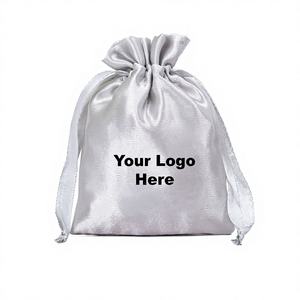 Luxury Grey Jewelry Storage Bag and Satin <b>Pouch</b> with <b>Drawstring</b> Closure Lightweight 3x4 Inches Customized Silk Printing Logo - Product Image 1