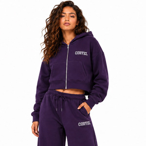 Ensemble de survêtement en molleton épais style urbain avec sweat à capuche court zippé et pantalon de survêtement oversize à jambes larges, personnalisable avec logo, pour l'hiver et l'automne - Product Image 4