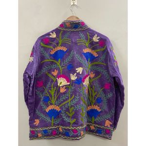 Purple <b>Velvet</b> Embroidered Jacket <b>Women</b> Mandarin Collar Full Sleeve Floral Hand Embroidery Bohemian Style Spring <b>Coat</b> - Product Image 2