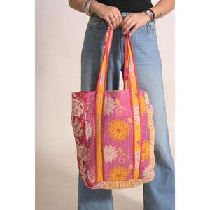 Bolso Tote de Algodón Kantha Hecho a Mano, Bolso de Hombro Abierto Acolchado Estilo Indio Vintage, Boho, para Verano, Otoño, Viajes, Compras, Playa - Product Image 3