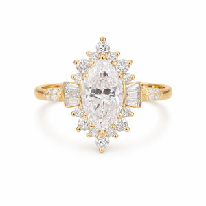 Bague de cocktail de luxe en or pur 14 carats avec diamants de laboratoire marquise et baguette, ensemble de mariage bypass, bague statement pour femme - Product Image 1