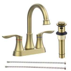 Rubinetto per lavabo a 2 maniglie color oro spazzolato con beccuccio girevole ad arco alto a 360°, interasse 4 pollici, con scarico a scomparsa e tubi di alimentazione - Product Image 1