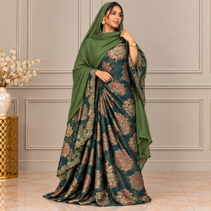 Exotic Teal & Olive Green Somalian Fransawi Dirac Set with Floral Design Made of Silky Fabric for Women Party Wear - Product Image 1