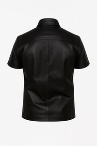 Men's <b>Black</b> leather Short Sleeve <b>Dress</b> Shirt With <b>Button</b> Down Collar And Ring Detail Gothic Style Summer Wear - Product Image 4