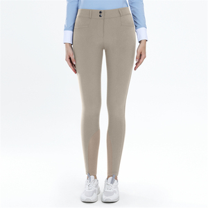 Pantalon d'équitation taille haute pour femme, couleur unie, coupe ajustée, fermeture boutonnée, beige - Product Image 5
