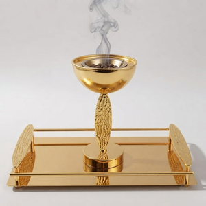 This Elegant Golden Incense Burner Set Features A Polished Mirror Tray <b>Matching</b> Storage <b>Jar</b> & Tool For Luxurious Home Fragrance - Product Image 4