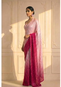 Sari en rayonne rose ombré orné de broderies KV International avec blouse non cousue pour femme - Tenue de soirée, sans plis et séchage rapide - Product Image 3