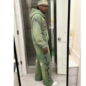Ensemble de survêtement vert zippé à capuche pour homme, imprimé léopard, strass étoile, style hip-hop, 2 pièces (sweat-shirt et pantalon de survêtement) - Product Image 3