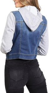 Veste en jean bleue courte pour femme avec manches longues, poches avant, en coton tricoté respirant - Product Image 5