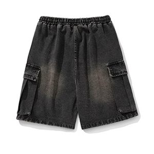 Pantalones Cortos Cargo para Hombre, Cintura Elástica, Estilo Bermuda de Mezclilla Lavada, Color Sólido Informal, Diseño con Bolsillos, Tela de Algodón Transpirable - Product Image 1