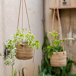 Maceta Colgante Hecha a Mano de Ratán Natural Tejido con Cuerda de Yute, para Interiores y Exteriores, para Plantas Suculentas - Product Image 1