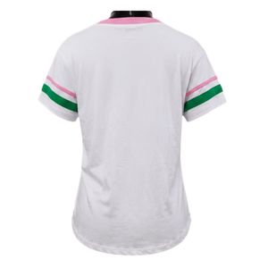 เสื้อคอวีสีขาวเขียวชมพู แขนลายทางสำหรับผู้หญิง เสื้อลำลองปักลายตัวอักษร แฟชั่นเสื้อผ้าสไตล์สปอร์ต - Product Image 4