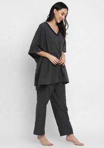 Pijama caftán gris sólido transpirable 100% algodón Natural hasta el suelo acogedor fines de semana elástico liso teñido ecológico lavable - Product Image 3