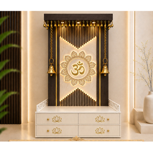 Templo Doméstico Moderno de Madera de Teca Om Lotus con Campanas, Diseño Duradero Hecho a Medida, Templo Doméstico de Madera Om Lotus de Lujo con Campanas, EE. UU. - Product Image 1