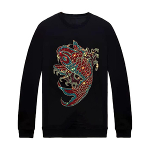 Customizable <b>Women</b> <b>Black</b> Crewneck Sweatshirt <b>Long</b> <b>Sleeve</b> Rhinestone Fish Print Pullover <b>Top</b> - Product Image 1