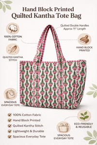 กระเป๋าโท้ทลายเรขาคณิตแบบควิลท์พิมพ์ลายด้วยมือพร้อมหูหิ้วริบบิ้น กระเป๋าผ้าฝ้ายพับได้ เป็นมิตรกับสิ่งแวดล้อม ใช้สะพายไหล่ - Product Image 6