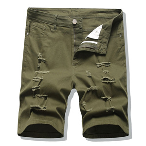 Shorts en jean déchiré vert olive pour homme, style cargo, taille mi-haute, décontracté, pour l'été, 100 % coton tissé - Product Image 1