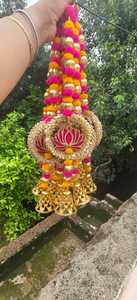 Pink Lotus MDF Wall Hanging with Golden Ring, Pom Pom & Bell Tassel Garland for Diwali, Wedding, Navratri Ganesh Chaturthi Decor - Product Image 1
