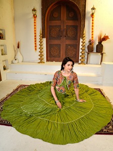 Green Embroidered <b>Lehenga</b> Set Pleated Skirt Traditional Indian Pakistani Wear <b>Women</b> Adult Size Floor-Length Cotton Party Quick - Product Image 6