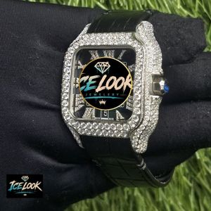 Ice Look <b>Mechanical</b> <b>Watch</b> Square Dial Crystal Bezel Leather Strap Roman Numeral Wristwatch for Men - Product Image 3