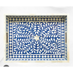 Bandeja Decorativa Negra con Incrustaciones de Hueso y Diseño Floral, Bandeja de Servicio Premium Hecha a Mano con Motivos de Hojas Blancas para Decoración de Hogar y Mesa de Lujo - Product Image 6