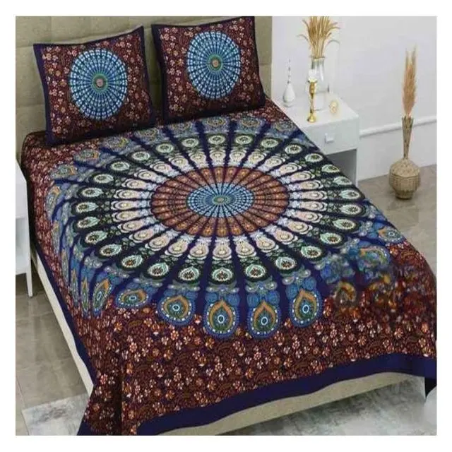 Centro Mandala diseño impreso Color oscuro Funda de colchón algodón lavado bordado ropa de cama Floral sábana colcha