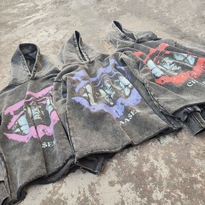 Sweat à capuche pour homme, coupe oversize et carrée, épaules tombantes, style vintage, déchiré, délavé à la pierre et à l'acide, ourlet court, avec logo personnalisé, vente en gros usine - Product Image 6