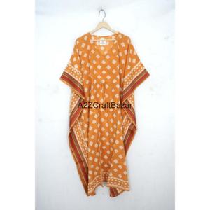 Vestido Kaftán Midi Informal con Cuello en V, 100% Algodón Puro, Estampado Floral Indio, Estilo Modesto para Mamás, Ropa de Playa y para Dormir - Product Image 1